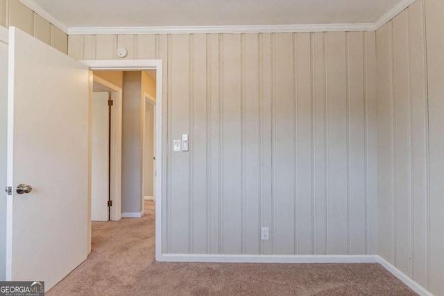 spare room with ornamental molding and light carpet