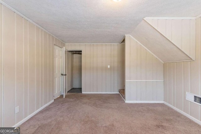 additional living space with light carpet, vaulted ceiling, and a textured ceiling