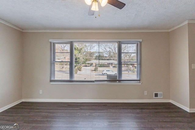 unfurnished room with dark wood-type flooring, ceiling fan, crown molding, and a textured ceiling