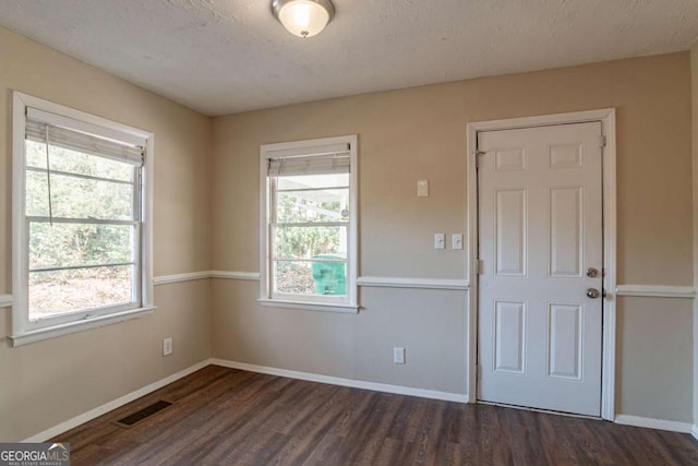 empty room featuring dark hardwood / wood-style flooring, a textured ceiling, and a wealth of natural light