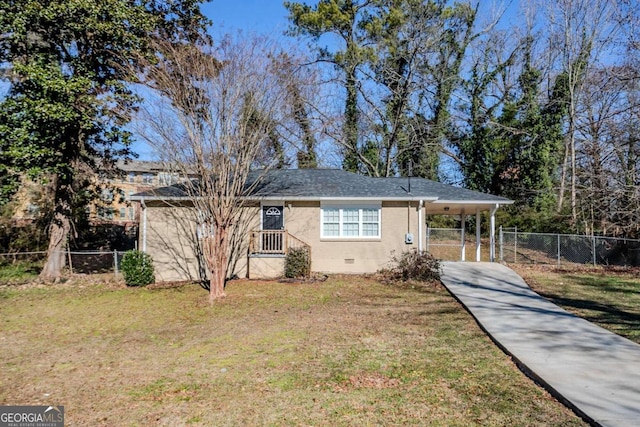 ranch-style house featuring a carport and a front yard