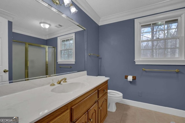 bathroom with walk in shower, tile patterned floors, toilet, crown molding, and vanity