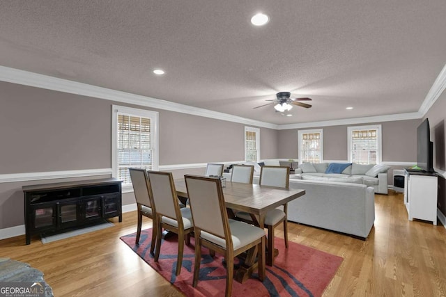 dining room featuring ornamental molding, a wealth of natural light, a textured ceiling, and light hardwood / wood-style flooring