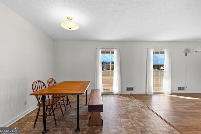 dining room featuring a textured ceiling, dark wood-type flooring, and a healthy amount of sunlight