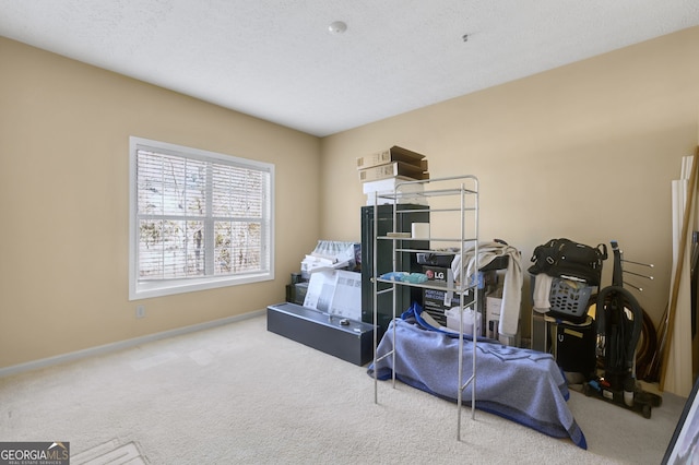 bedroom with carpet flooring and a textured ceiling