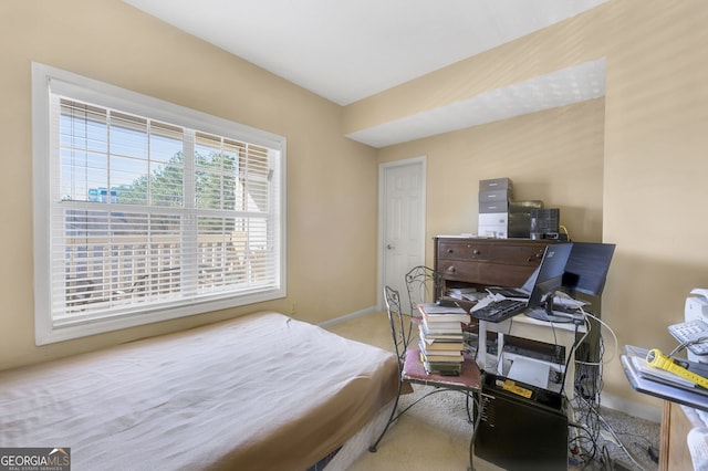 bedroom featuring light colored carpet