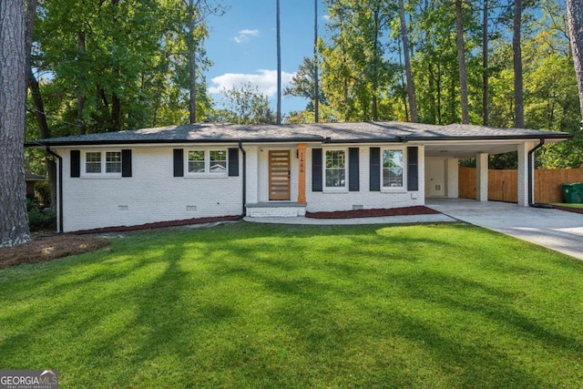 single story home with a carport and a front lawn