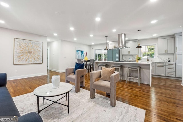 living room featuring sink and light wood-type flooring