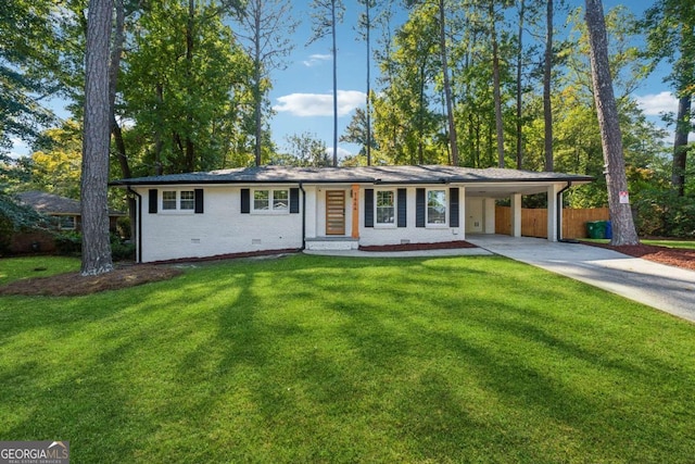 single story home with a carport and a front lawn