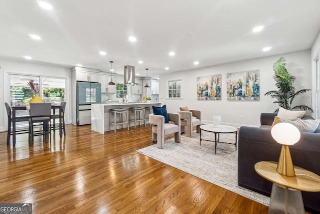 living room with light hardwood / wood-style flooring