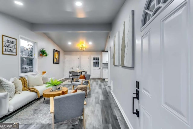 living room featuring dark wood-type flooring