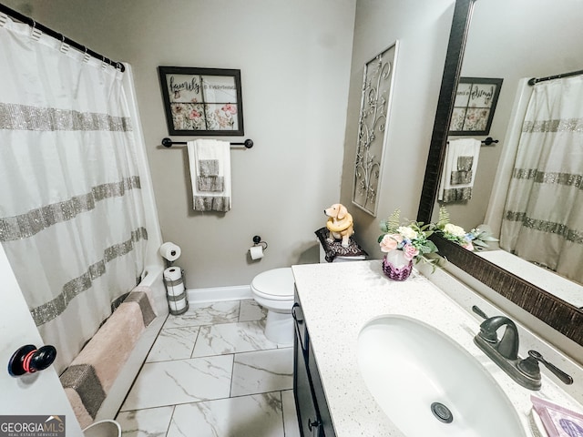 full bathroom with vanity, shower / tub combo with curtain, and toilet