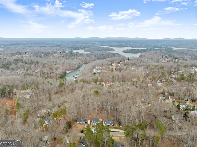 aerial view with a water and mountain view and a view of trees