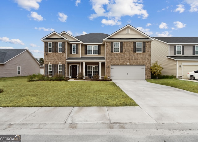 view of front of home featuring a garage, a porch, and a front yard