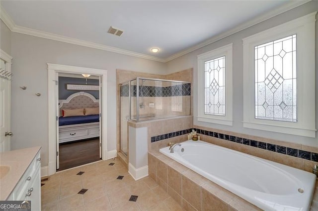 bathroom with crown molding, vanity, separate shower and tub, and tile patterned flooring