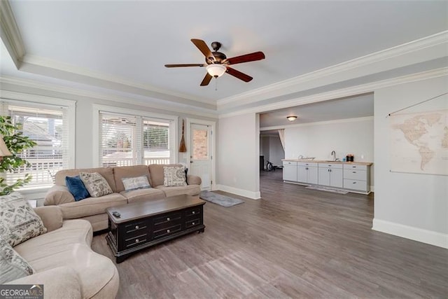 living room featuring crown molding, ceiling fan, a raised ceiling, and dark wood-type flooring