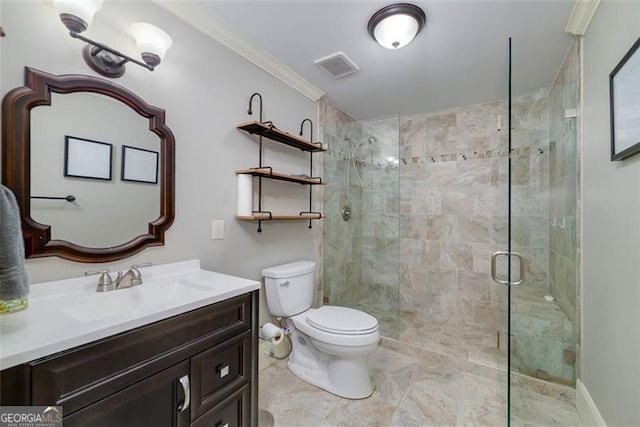 bathroom with ornamental molding, toilet, an enclosed shower, and vanity