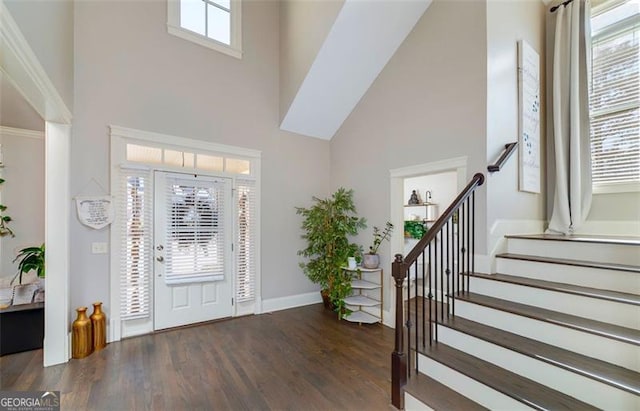 foyer featuring a towering ceiling and dark hardwood / wood-style floors