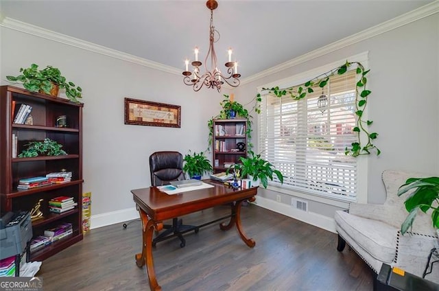 home office featuring ornamental molding, dark hardwood / wood-style floors, and a chandelier