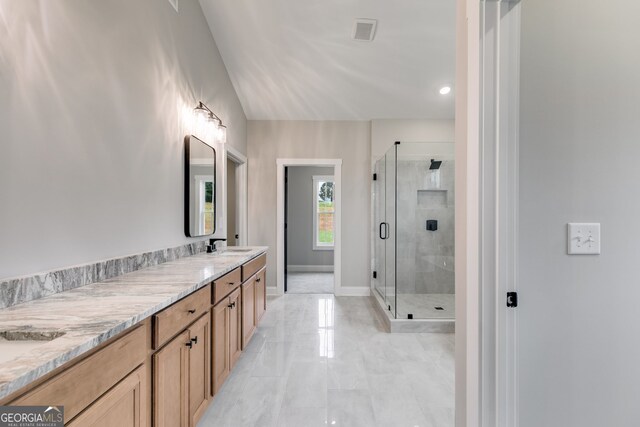 1611 Bethesda Church Rd, Carrollton, GA 30117 - bathroom with marble finish floors, double vanity, a stall shower, and recessed lighting