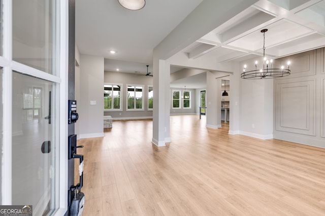 1611 Bethesda Church Rd, Carrollton, GA 30117 - foyer entrance featuring light wood-style flooring, beamed ceiling, recessed lighting, coffered ceiling, and a chandelier