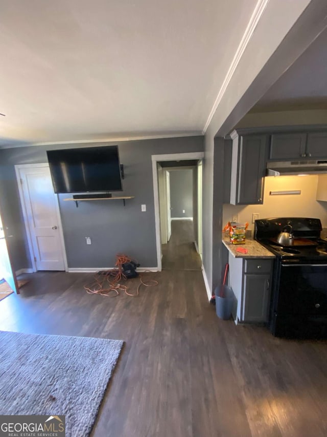 kitchen with crown molding, dark hardwood / wood-style floors, gray cabinetry, and black range with electric cooktop