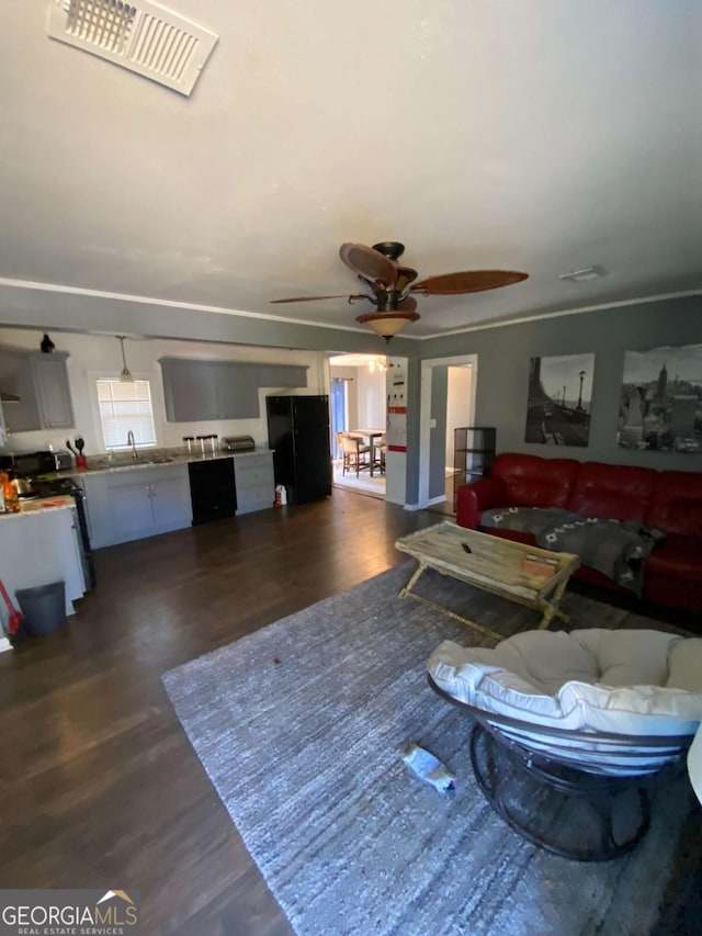 living room with ceiling fan, sink, and dark hardwood / wood-style flooring