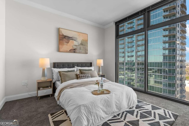 carpeted bedroom with expansive windows and ornamental molding