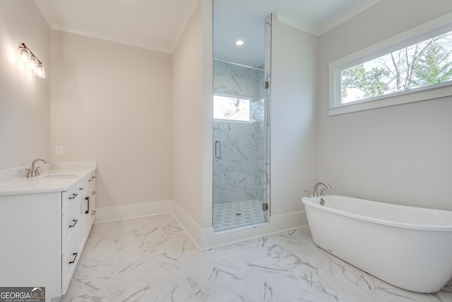 bathroom with vanity, ornamental molding, and plus walk in shower