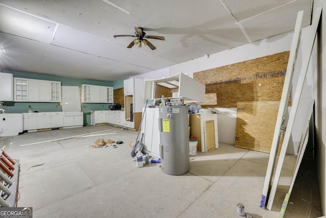 basement featuring water heater and ceiling fan