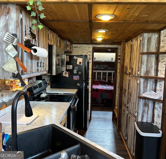 kitchen featuring dark hardwood / wood-style floors, black electric range oven, wooden ceiling, and wooden walls