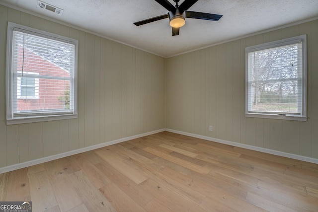 empty room featuring a textured ceiling, light hardwood / wood-style flooring, and a wealth of natural light