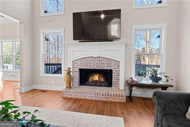 living room featuring hardwood / wood-style flooring and a fireplace