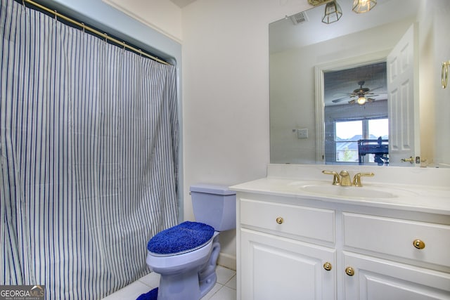 bathroom with walk in shower, tile patterned floors, toilet, vanity, and ceiling fan