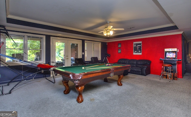 playroom with carpet floors, ornamental molding, french doors, and a raised ceiling