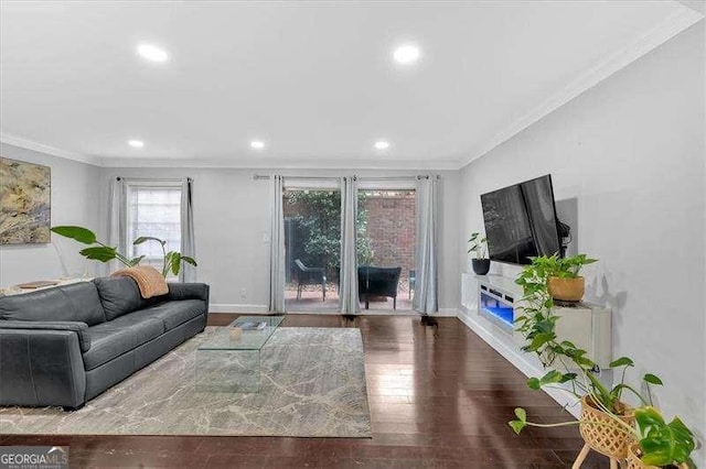 living room featuring crown molding, baseboards, wood finished floors, and recessed lighting