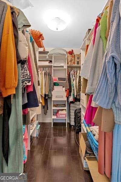 spacious closet with dark wood-style floors