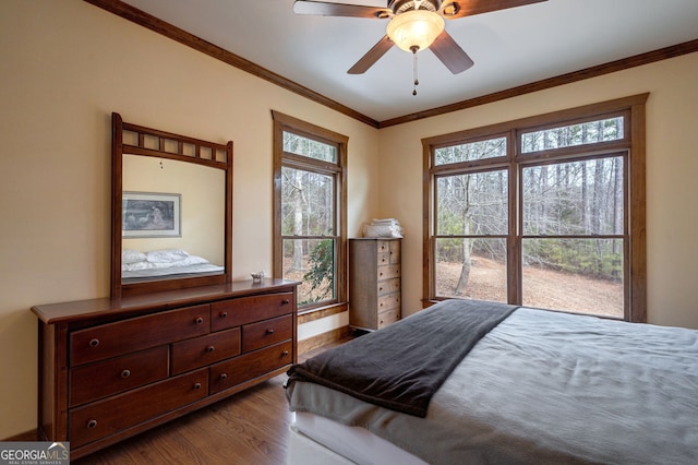 bedroom with ceiling fan, ornamental molding, multiple windows, and light hardwood / wood-style flooring