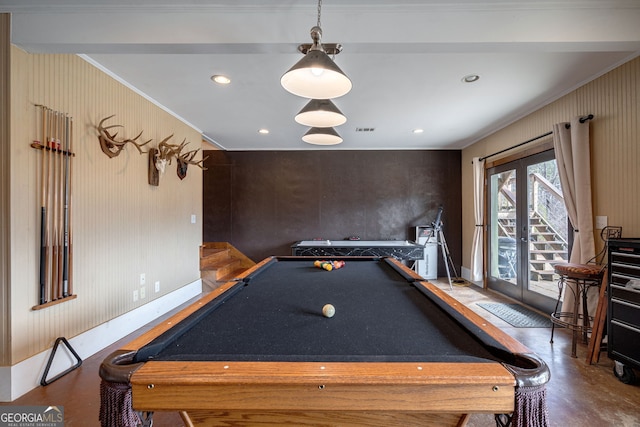 rec room featuring french doors, billiards, and crown molding