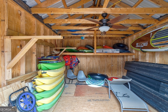 storage area featuring ceiling fan