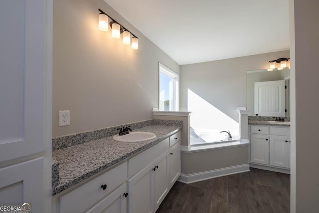 bathroom with hardwood / wood-style flooring, a tub to relax in, and vanity