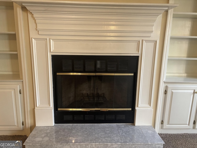 details with a fireplace and built in features