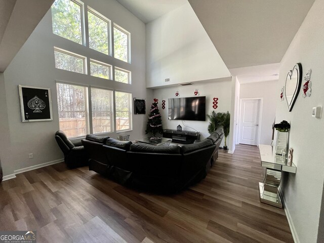 living room featuring hardwood / wood-style flooring and a towering ceiling