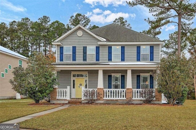 view of front facade with a front lawn and a porch