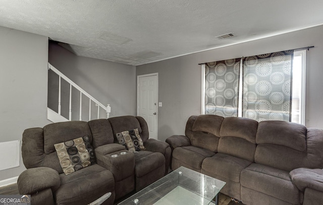 living room featuring hardwood / wood-style floors and a textured ceiling