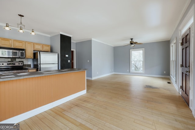 kitchen with ornamental molding, stainless steel appliances, light hardwood / wood-style floors, and hanging light fixtures