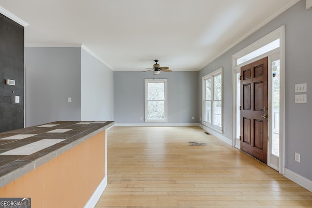 entrance foyer featuring crown molding, light hardwood / wood-style floors, and ceiling fan