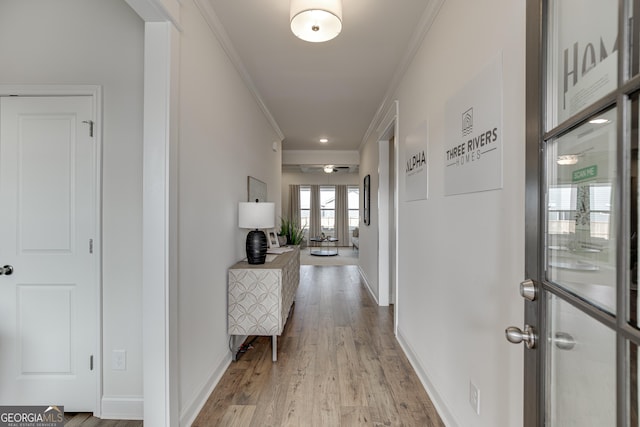 hallway with ornamental molding and light hardwood / wood-style floors