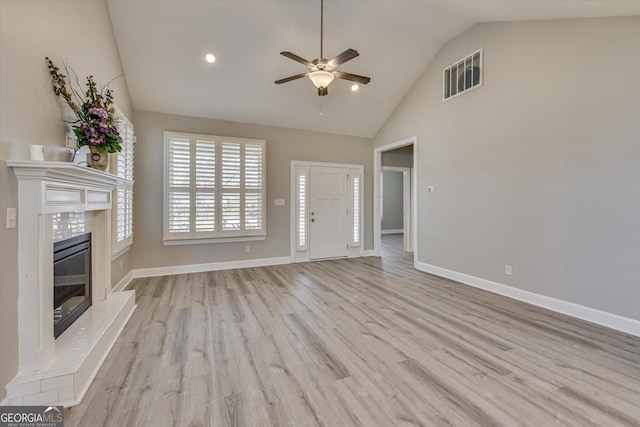 unfurnished living room featuring lofted ceiling, light hardwood / wood-style floors, and ceiling fan