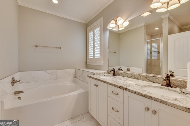 bathroom featuring vanity, ornamental molding, and independent shower and bath